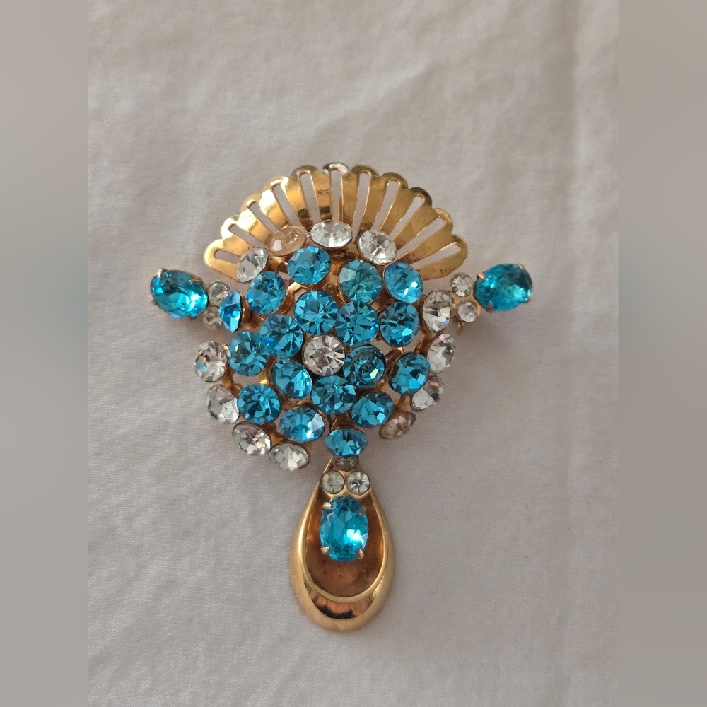 Vintage Aqua Blue Crystal Gold-Tone Statement Brooch/Charm